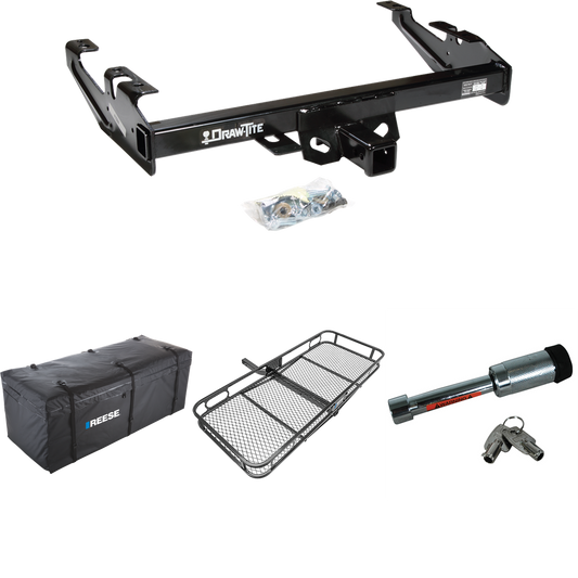 Fits 1992-2000 Chevrolet C3500 Trailer Hitch Tow PKG w/ 60" x 24" Cargo Carrier + Cargo Bag + Hitch Lock (For Crew Cab Models) By Draw-Tite