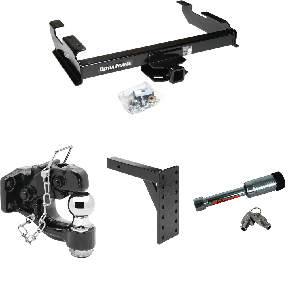 Fits 1988-2000 Chevrolet K3500 Trailer Hitch Tow PKG w/ 7 Hole Pintle Hook Mounting Plate + Pintle Hook & 2" Ball Combination + Hitch Lock (For Regular & Extended Cabs Models) By Draw-Tite