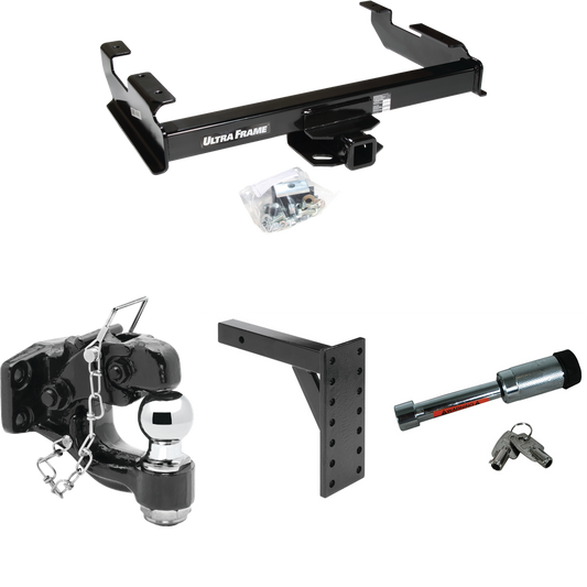 Fits 1988-2000 Chevrolet K3500 Trailer Hitch Tow PKG w/ 7 Hole Pintle Hook Mounting Plate + Pintle Hook & 2" Ball Combination + Hitch Lock (For Regular & Extended Cabs Models) By Draw-Tite