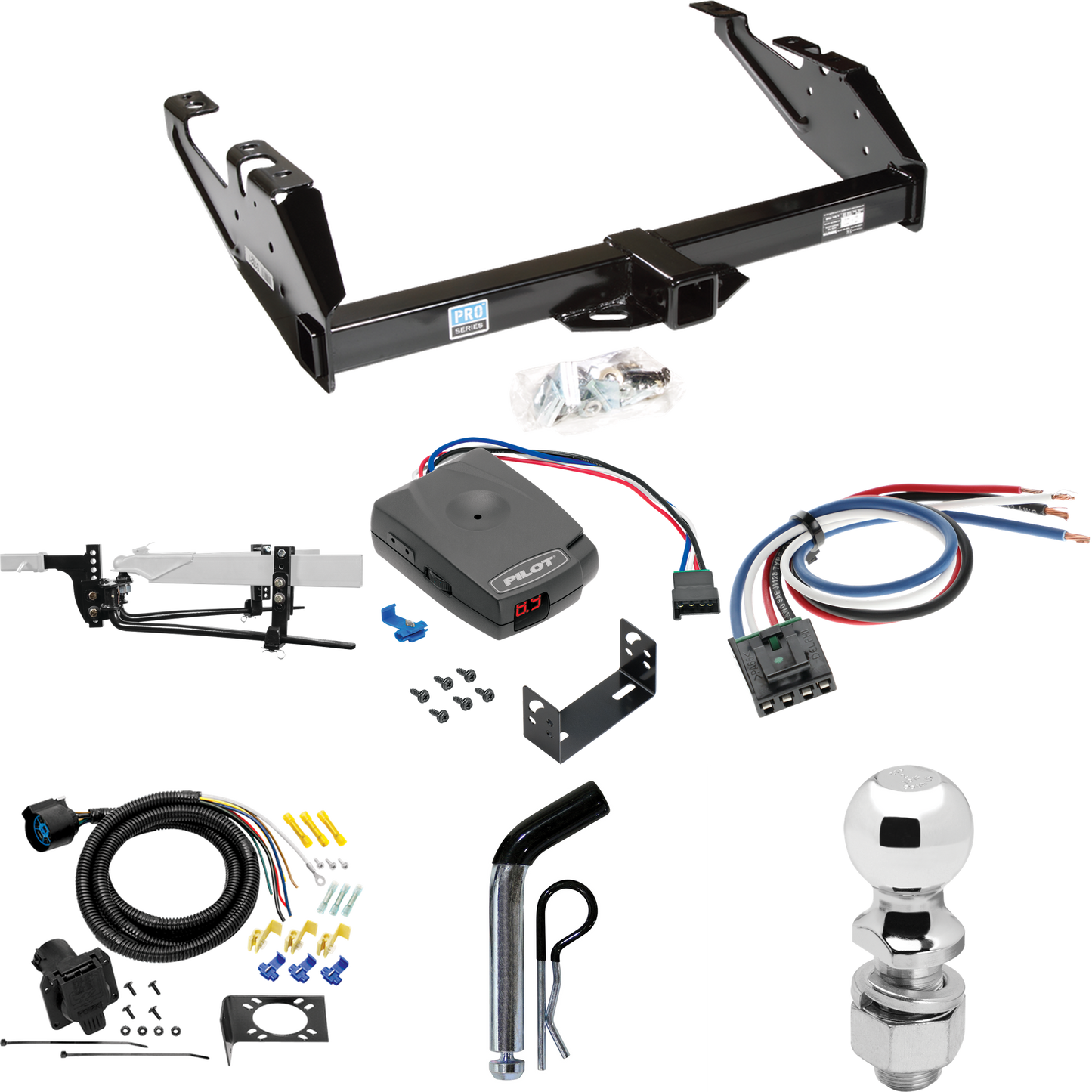 Fits 1988-2000 GMC K2500 Trailer Hitch Tow PKG w/ 8K Round Bar Weight Distribution Hitch w/ 2-5/16" Ball + 2" Ball + Pin/Clip + Pro Series Pilot Brake Control + Generic BC Wiring Adapter + 7-Way RV Wiring By Reese Towpower