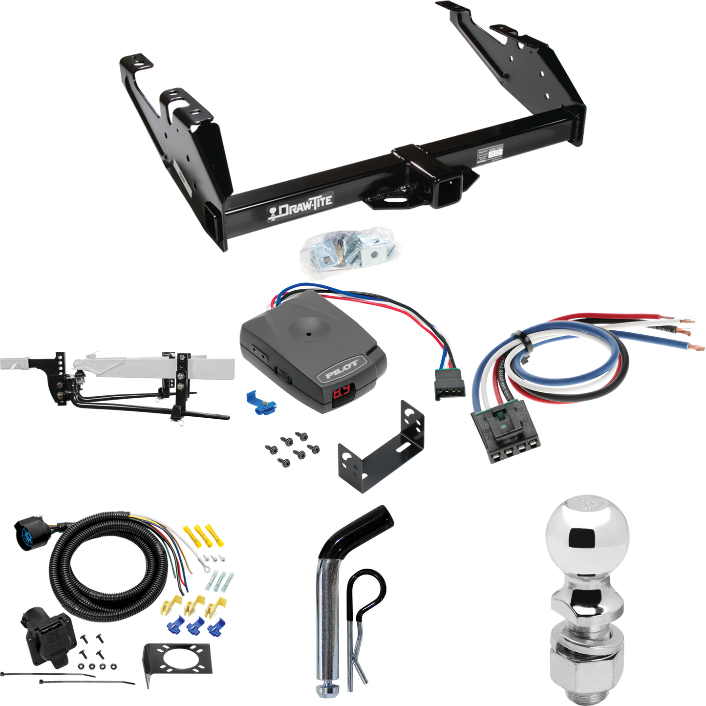 Fits 1988-1999 Chevrolet C1500 Trailer Hitch Tow PKG w/ 8K Round Bar Weight Distribution Hitch w/ 2-5/16" Ball + 2" Ball + Pin/Clip + Pro Series Pilot Brake Control + Generic BC Wiring Adapter + 7-Way RV Wiring By Draw-Tite