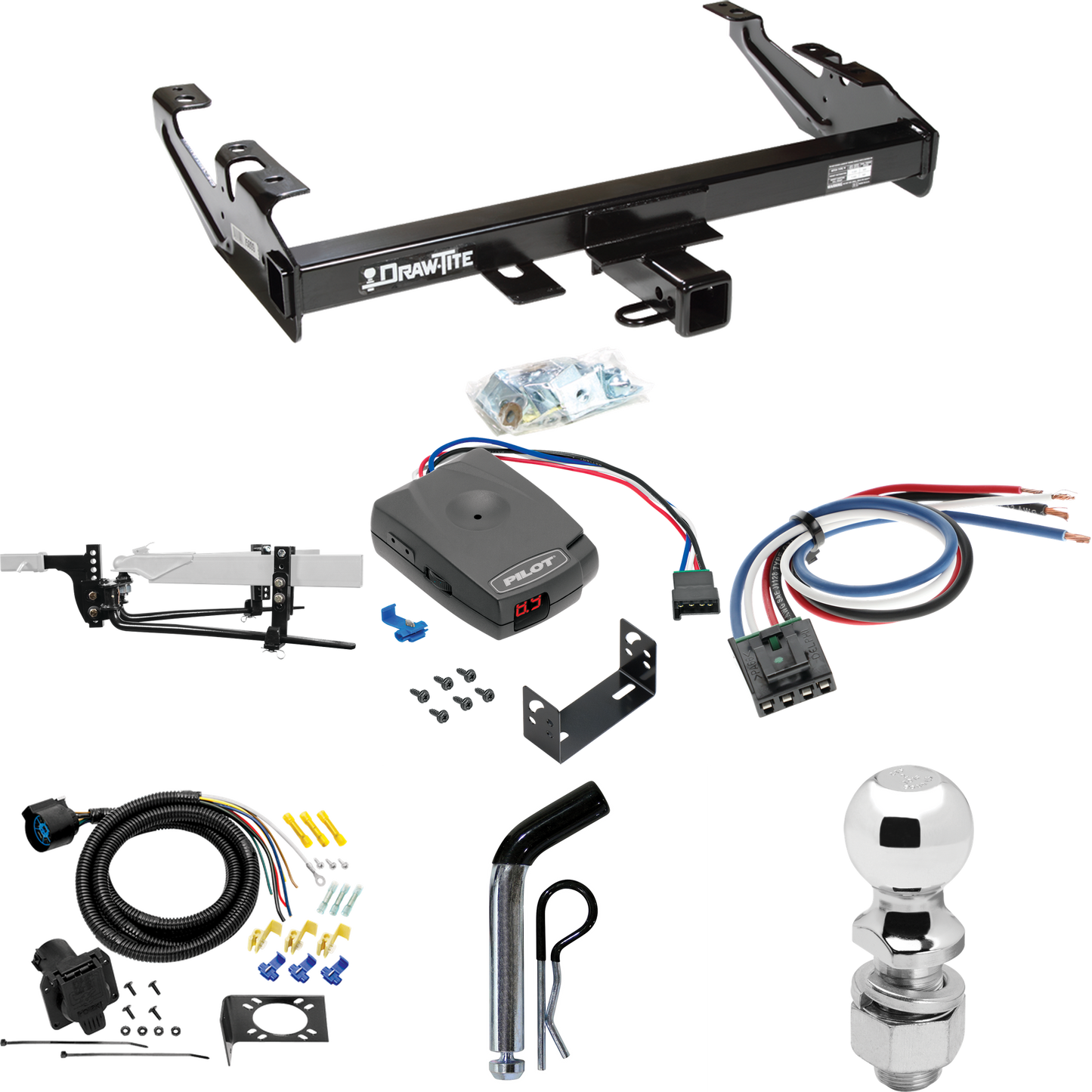 Fits 1988-2000 Chevrolet C3500 Trailer Hitch Tow PKG w/ 8K Round Bar Weight Distribution Hitch w/ 2-5/16" Ball + 2" Ball + Pin/Clip + Pro Series Pilot Brake Control + Generic BC Wiring Adapter + 7-Way RV Wiring (For Regular & Extended Cabs Models) By