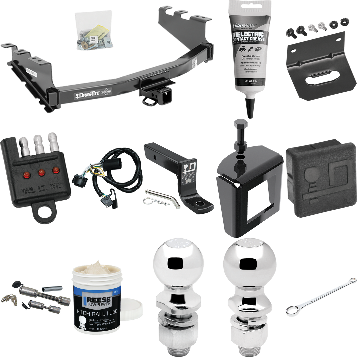 Fits 2019-2019 GMC Sierra 1500 LD (Old Body) Trailer Hitch Tow PKG w/ 4-Flat Wiring + Ball Mount w/ 4" Drop + 2" Ball + 2-5/16" Ball + Wiring Bracket + Hitch Cover + Dual Hitch & Coupler Locks + Wiring Tester + Ball Lube + Electric Grease + Ball Wren