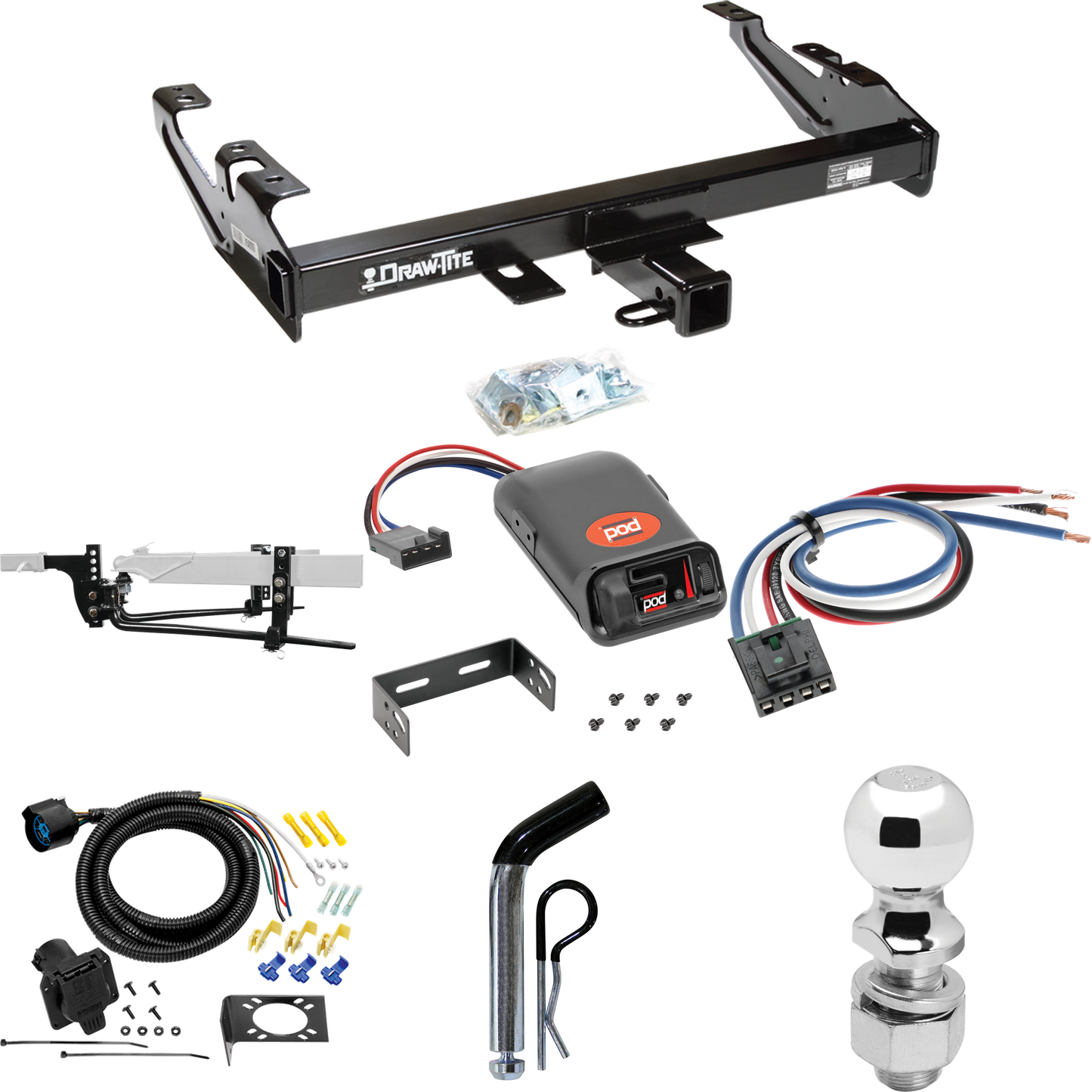 Fits 1992-2000 Chevrolet C2500 Trailer Hitch Tow PKG w/ 8K Round Bar Weight Distribution Hitch w/ 2-5/16" Ball + 2" Ball + Pin/Clip + Pro Series POD Brake Control + Generic BC Wiring Adapter + 7-Way RV Wiring (For Crew Cab Models) By Draw-Tite