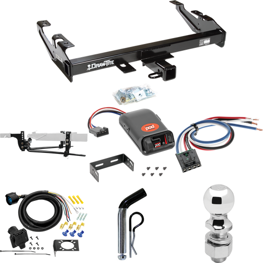 Fits 1992-2000 Chevrolet C2500 Trailer Hitch Tow PKG w/ 8K Round Bar Weight Distribution Hitch w/ 2-5/16" Ball + 2" Ball + Pin/Clip + Pro Series POD Brake Control + Generic BC Wiring Adapter + 7-Way RV Wiring (For Crew Cab Models) By Draw-Tite