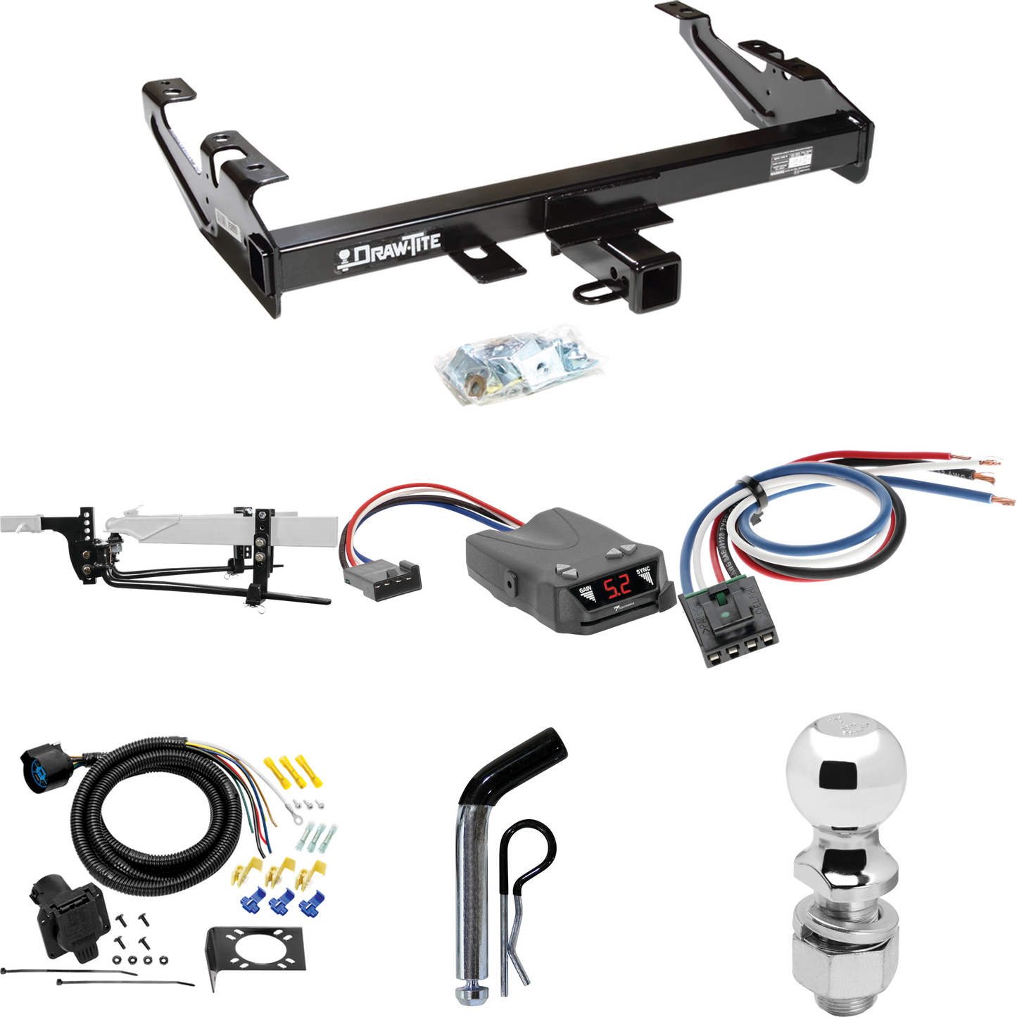 Fits 1988-1999 GMC C1500 Trailer Hitch Tow PKG w/ 8K Round Bar Weight Distribution Hitch w/ 2-5/16" Ball + 2" Ball + Pin/Clip + Tekonsha Brakeman IV Brake Control + Generic BC Wiring Adapter + 7-Way RV Wiring By Draw-Tite