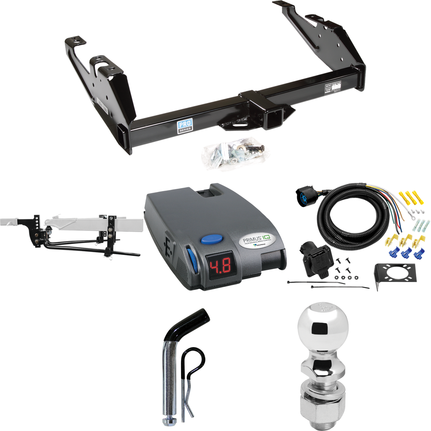 Fits 1988-2000 GMC K2500 Trailer Hitch Tow PKG w/ 8K Round Bar Weight Distribution Hitch w/ 2-5/16" Ball + 2" Ball + Pin/Clip + Tekonsha Primus IQ Brake Control + 7-Way RV Wiring By Reese Towpower