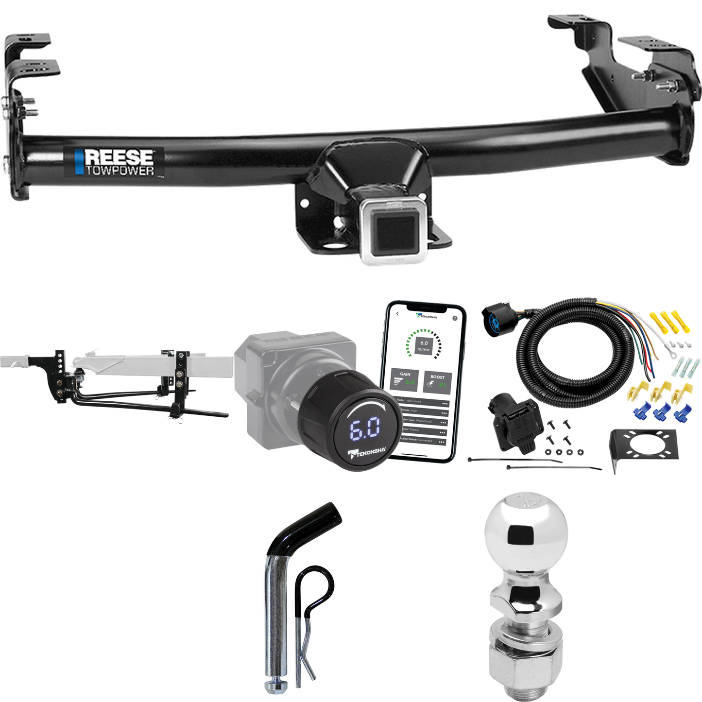 Fits 1988-1999 GMC C1500 Trailer Hitch Tow PKG w/ 8K Round Bar Weight Distribution Hitch w/ 2-5/16" Ball + 2" Ball + Pin/Clip + Tekonsha Prodigy iD Bluetooth Wireless Brake Control + 7-Way RV Wiring By Reese Towpower