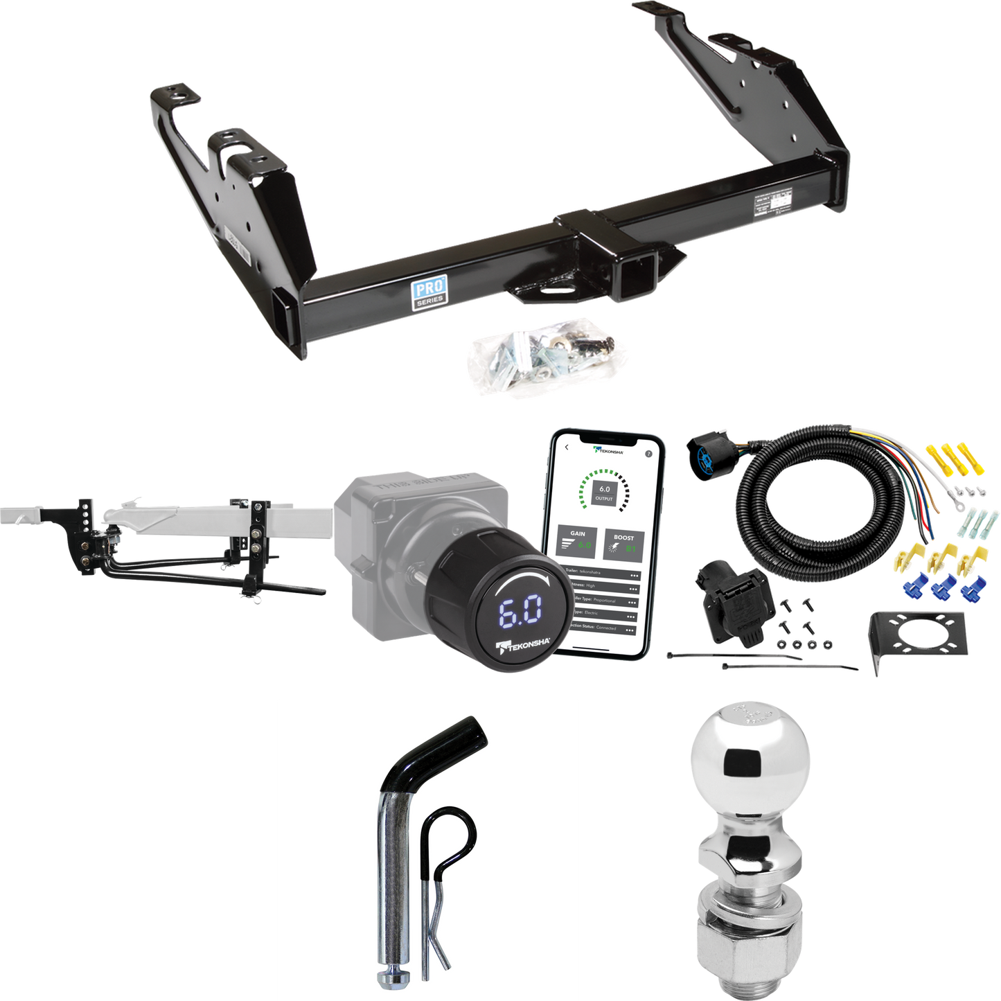 Fits 1992-2000 Chevrolet K3500 Trailer Hitch Tow PKG w/ 8K Round Bar Weight Distribution Hitch w/ 2-5/16" Ball + 2" Ball + Pin/Clip + Tekonsha Prodigy iD Bluetooth Wireless Brake Control + 7-Way RV Wiring (For Crew Cab Models) By Reese Towpower