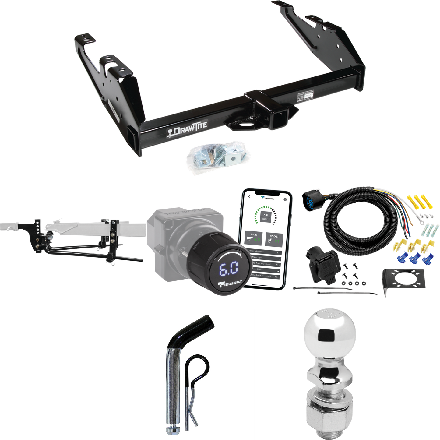 Fits 1992-2000 Chevrolet K2500 Trailer Hitch Tow PKG w/ 8K Round Bar Weight Distribution Hitch w/ 2-5/16" Ball + 2" Ball + Pin/Clip + Tekonsha Prodigy iD Bluetooth Wireless Brake Control + 7-Way RV Wiring (For Crew Cab Models) By Draw-Tite