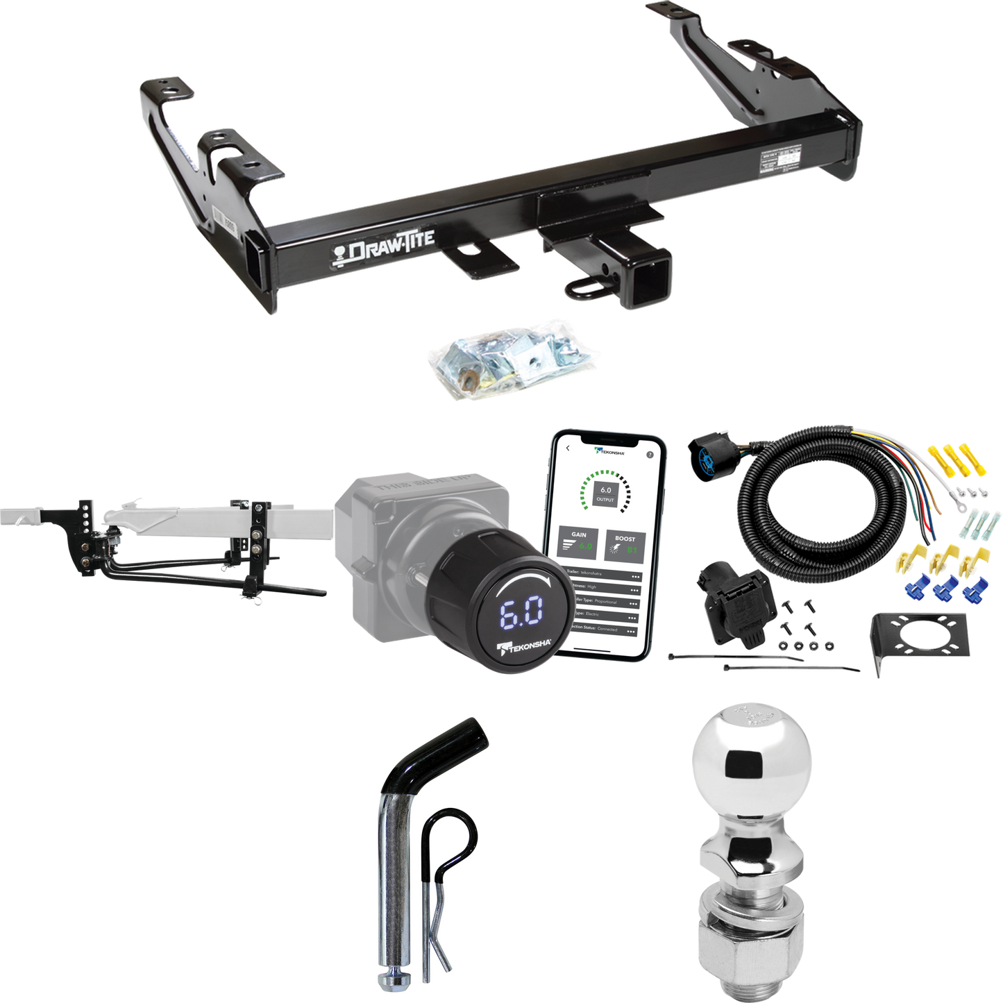 Fits 1988-1999 Chevrolet K2500 Trailer Hitch Tow PKG w/ 8K Round Bar Weight Distribution Hitch w/ 2-5/16" Ball + 2" Ball + Pin/Clip + Tekonsha Prodigy iD Bluetooth Wireless Brake Control + 7-Way RV Wiring (For Regular & Extended Cabs Models) By Draw-