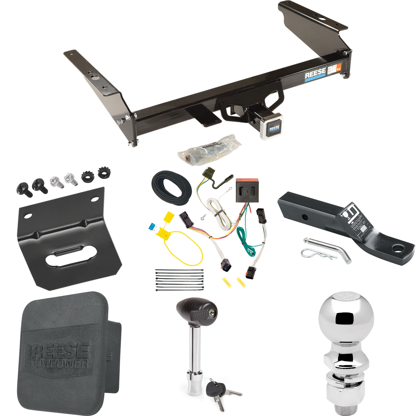 Se adapta al paquete de enganche de remolque Jeep Liberty 2002-2007 con cableado de 4 planos + soporte de bola con caída de 2" + bola de 2-5/16" + soporte de cableado + bloqueo de enganche + cubierta de enganche de Reese Towpower