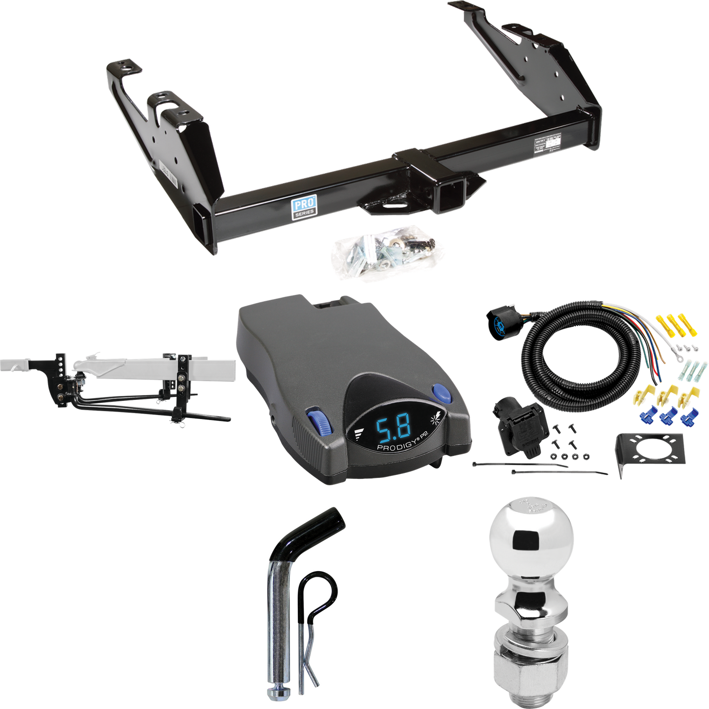 Fits 1992-2000 Chevrolet K3500 Trailer Hitch Tow PKG w/ 8K Round Bar Weight Distribution Hitch w/ 2-5/16" Ball + 2" Ball + Pin/Clip + Tekonsha Prodigy P2 Brake Control + 7-Way RV Wiring (For Crew Cab Models) By Reese Towpower