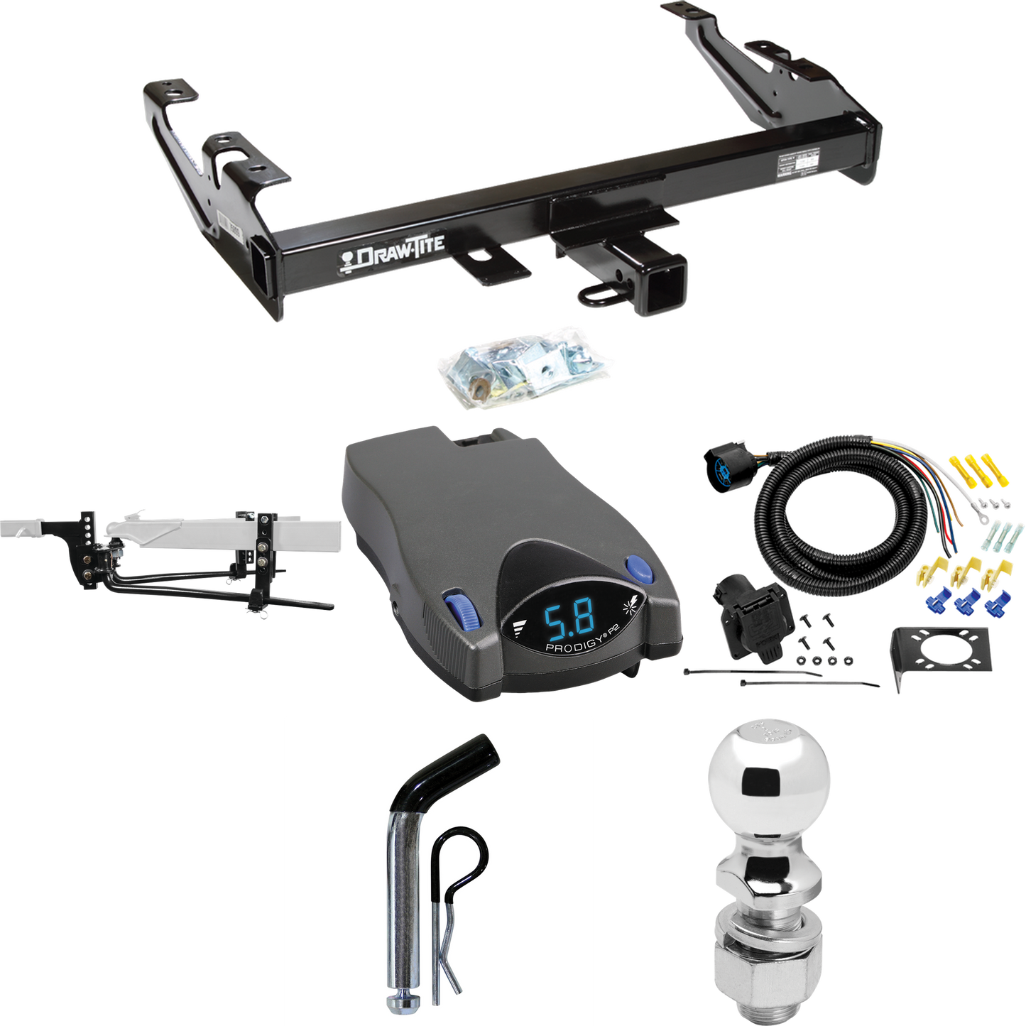 Fits 1988-1999 GMC C1500 Trailer Hitch Tow PKG w/ 8K Round Bar Weight Distribution Hitch w/ 2-5/16" Ball + 2" Ball + Pin/Clip + Tekonsha Prodigy P2 Brake Control + 7-Way RV Wiring By Draw-Tite