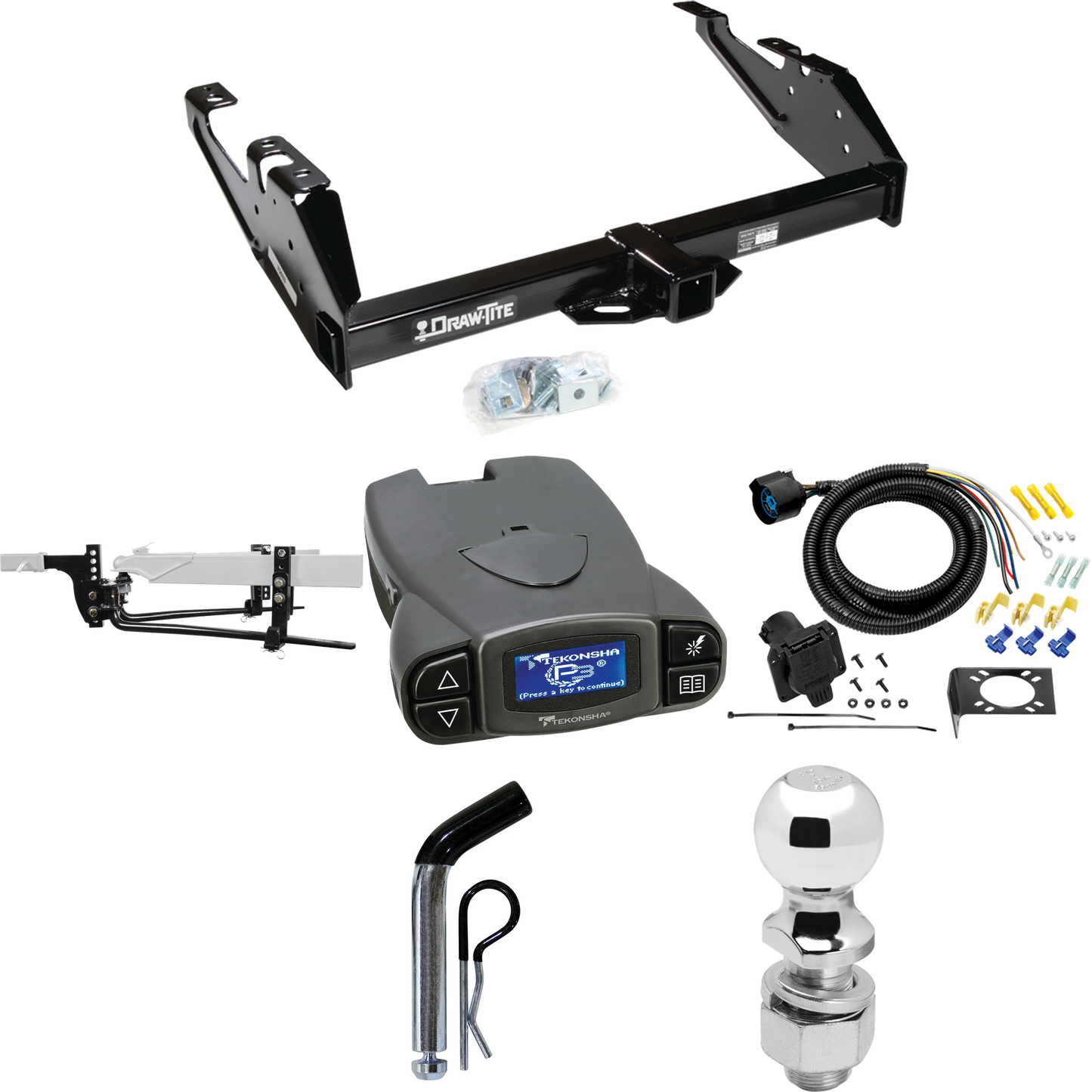 Fits 1992-2000 Chevrolet K2500 Trailer Hitch Tow PKG w/ 8K Round Bar Weight Distribution Hitch w/ 2-5/16" Ball + 2" Ball + Pin/Clip + Tekonsha Prodigy P3 Brake Control + 7-Way RV Wiring (For Crew Cab Models) By Draw-Tite