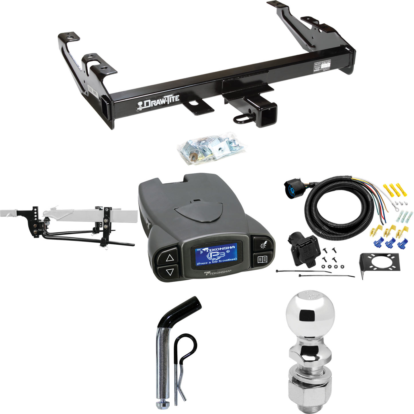 Fits 1988-1999 GMC C1500 Trailer Hitch Tow PKG w/ 8K Round Bar Weight Distribution Hitch w/ 2-5/16" Ball + 2" Ball + Pin/Clip + Tekonsha Prodigy P3 Brake Control + 7-Way RV Wiring By Draw-Tite