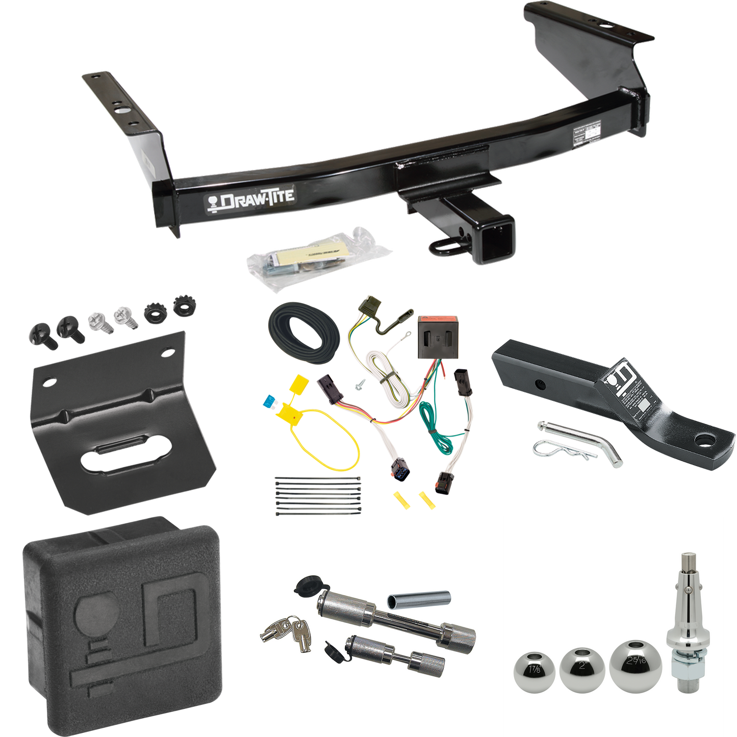 Fits 2002-2007 Jeep Liberty Trailer Hitch Tow PKG w/ 4-Flat Wiring + Ball Mount w/ 2" Drop + Interchangeable Ball 1-7/8" & 2" & 2-5/16" + Wiring Bracket + Dual Hitch & Coupler Locks + Hitch Cover By Draw-Tite