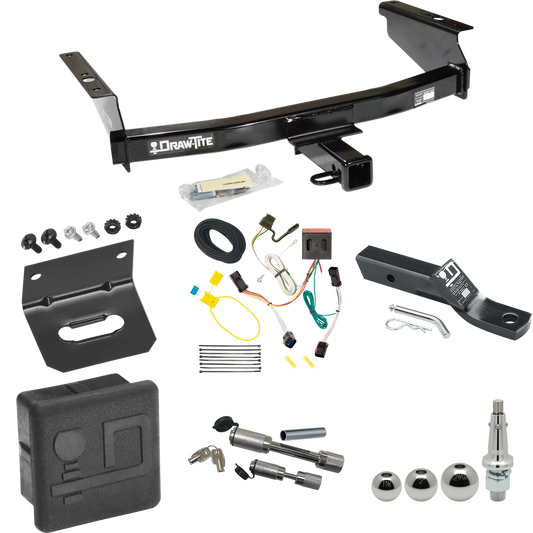 Fits 2002-2007 Jeep Liberty Trailer Hitch Tow PKG w/ 4-Flat Wiring + Ball Mount w/ 2" Drop + Interchangeable Ball 1-7/8" & 2" & 2-5/16" + Wiring Bracket + Dual Hitch & Coupler Locks + Hitch Cover By Draw-Tite