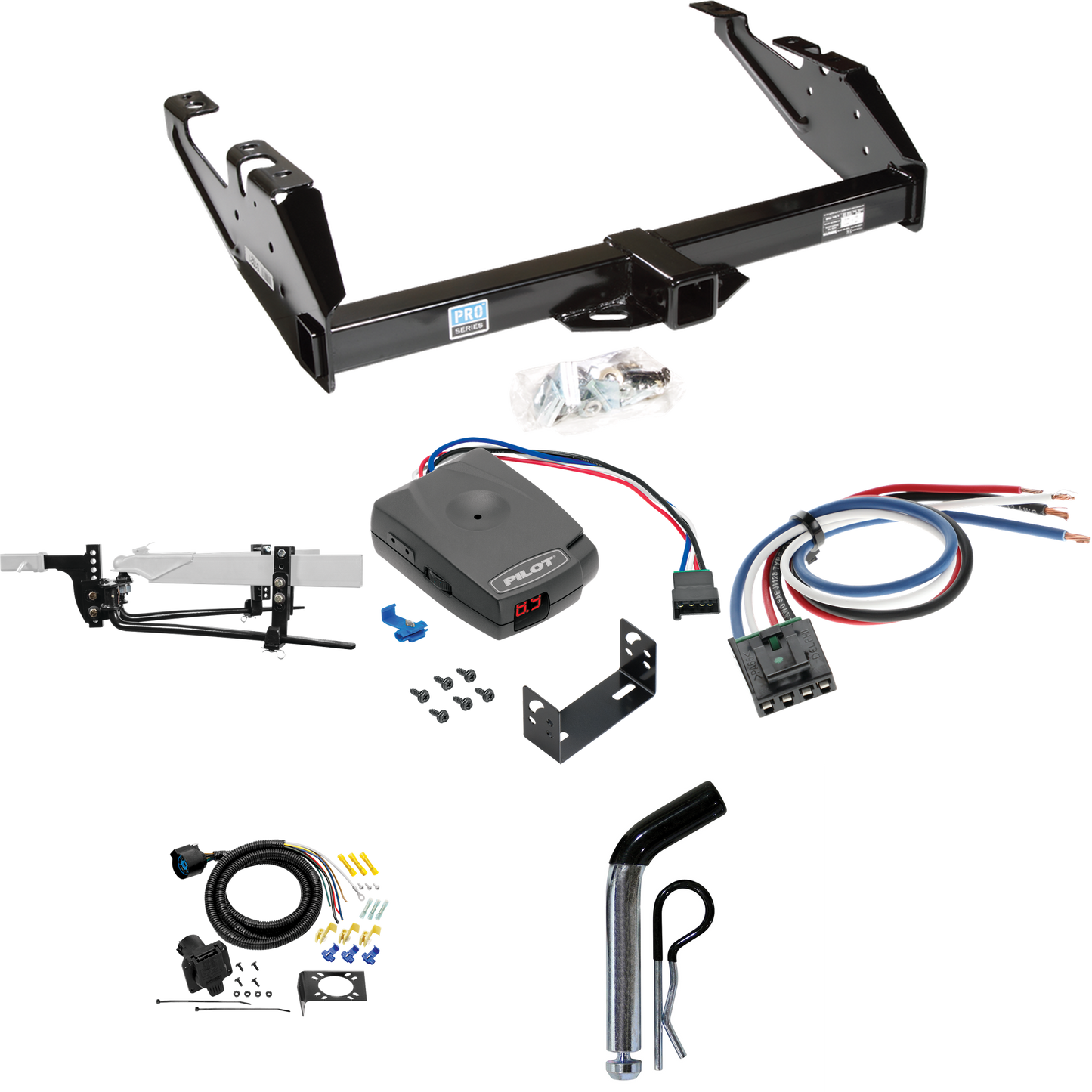 Fits 1988-2000 GMC C2500 Trailer Hitch Tow PKG w/ 8K Round Bar Weight Distribution Hitch w/ 2-5/16" Ball + Pin/Clip + Pro Series Pilot Brake Control + Generic BC Wiring Adapter + 7-Way RV Wiring By Reese Towpower