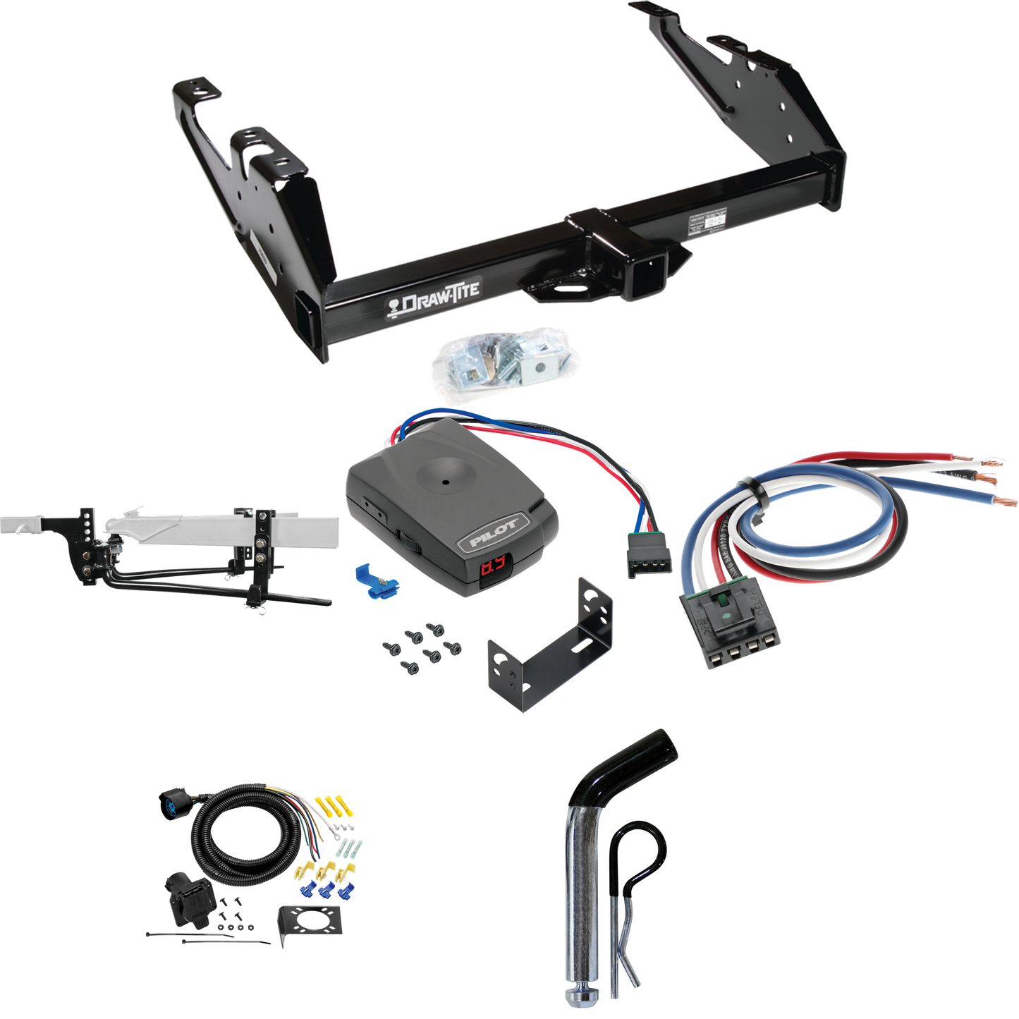 Fits 1988-1999 Chevrolet C2500 Trailer Hitch Tow PKG w/ 8K Round Bar Weight Distribution Hitch w/ 2-5/16" Ball + Pin/Clip + Pro Series Pilot Brake Control + Generic BC Wiring Adapter + 7-Way RV Wiring (For Regular & Extended Cabs Models) By Draw-Tite