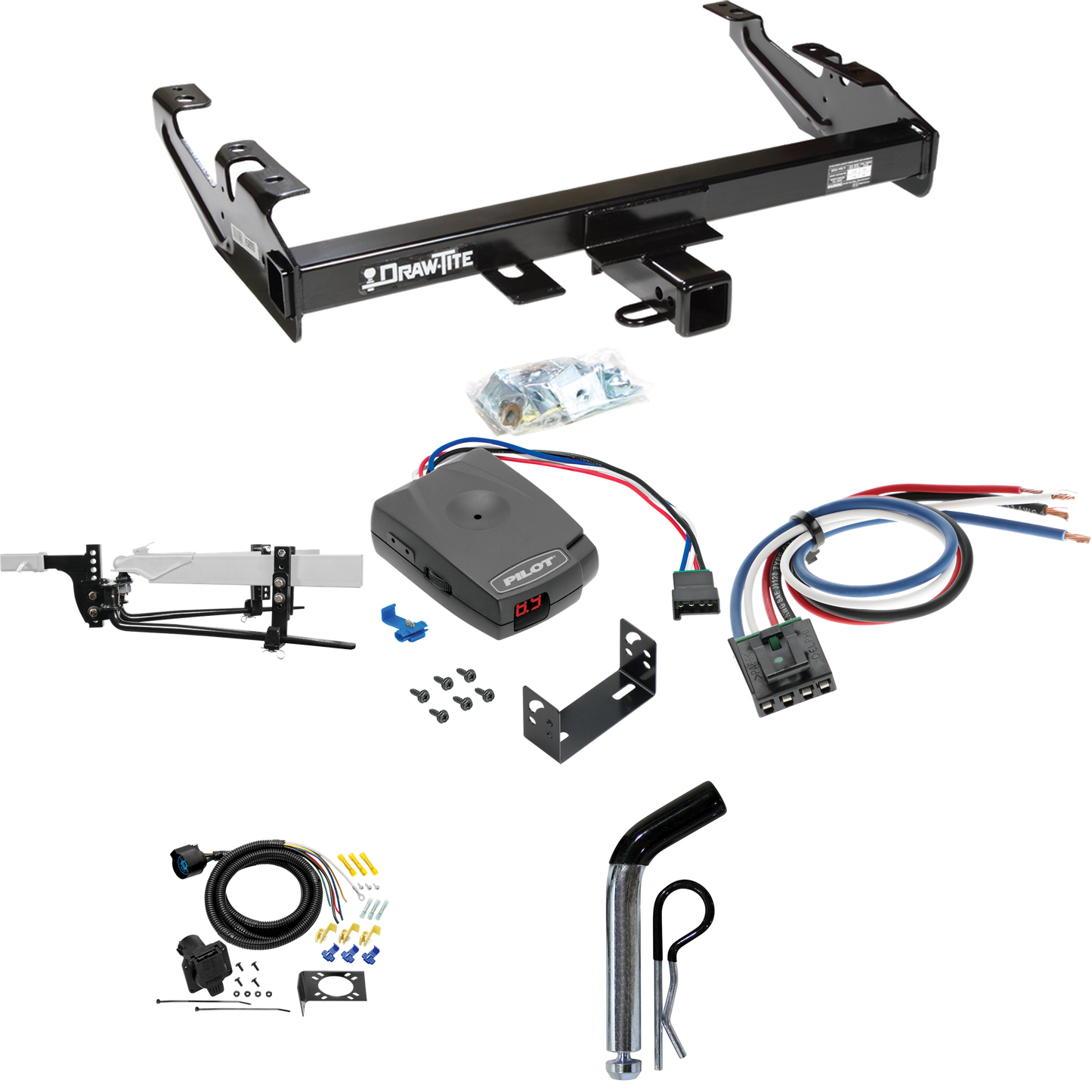 Fits 1988-1999 Chevrolet C1500 Trailer Hitch Tow PKG w/ 8K Round Bar Weight Distribution Hitch w/ 2-5/16" Ball + Pin/Clip + Pro Series Pilot Brake Control + Generic BC Wiring Adapter + 7-Way RV Wiring By Draw-Tite