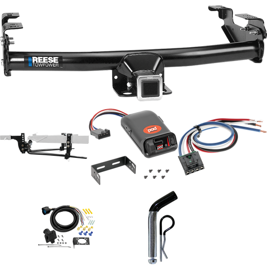 Fits 1975-1993 Ford F-150 Trailer Hitch Tow PKG w/ 8K Round Bar Weight Distribution Hitch w/ 2-5/16" Ball + Pin/Clip + Pro Series POD Brake Control + Generic BC Wiring Adapter + 7-Way RV Wiring By Reese Towpower