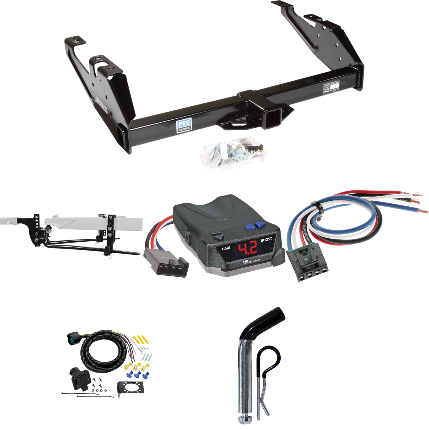 Fits 1988-2000 GMC K3500 Trailer Hitch Tow PKG w/ 8K Round Bar Weight Distribution Hitch w/ 2-5/16" Ball + Pin/Clip + Tekonsha BRAKE-EVN Brake Control + Generic BC Wiring Adapter + 7-Way RV Wiring By Reese Towpower