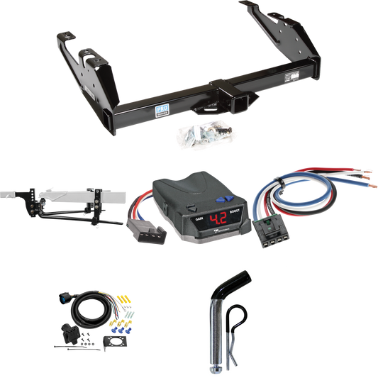 Fits 1988-2000 GMC K3500 Trailer Hitch Tow PKG w/ 8K Round Bar Weight Distribution Hitch w/ 2-5/16" Ball + Pin/Clip + Tekonsha BRAKE-EVN Brake Control + Generic BC Wiring Adapter + 7-Way RV Wiring By Reese Towpower