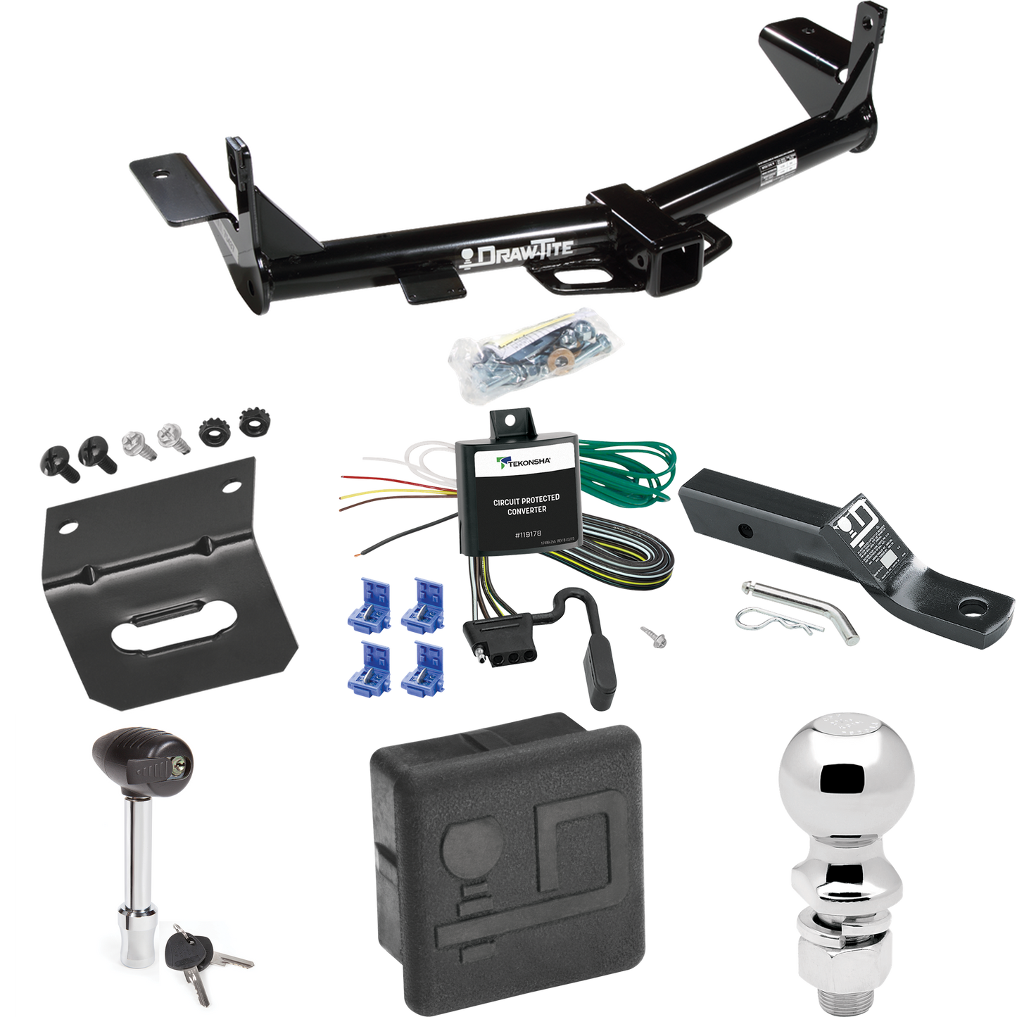 Fits 2006-2010 Ford Explorer Trailer Hitch Tow PKG w/ 4-Flat Wiring + Ball Mount w/ 2" Drop + 2-5/16" Ball + Wiring Bracket + Hitch Lock + Hitch Cover (For w/1-1/4" Receivers Models) By Draw-Tite