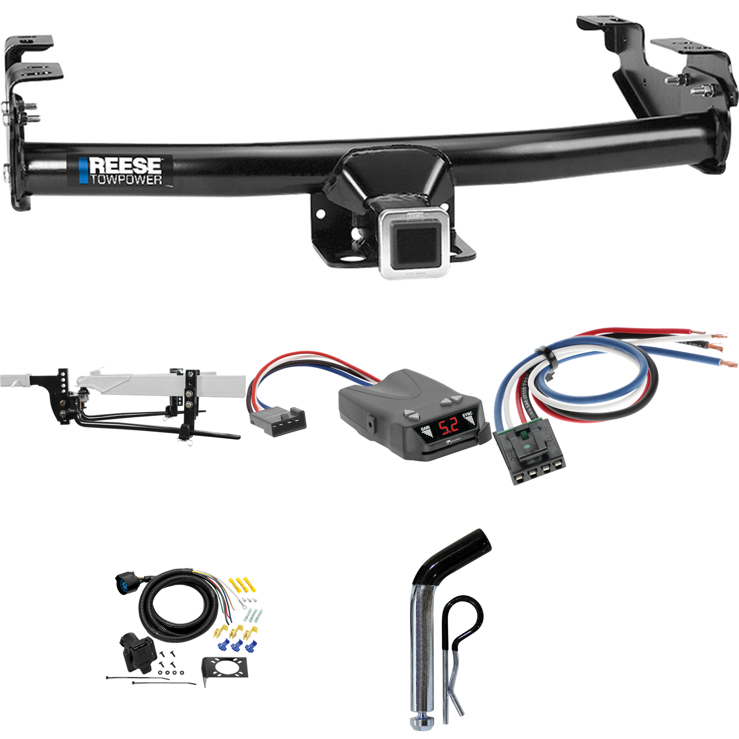 Fits 1975-1993 Ford F-250 Trailer Hitch Tow PKG w/ 8K Round Bar Weight Distribution Hitch w/ 2-5/16" Ball + Pin/Clip + Tekonsha Brakeman IV Brake Control + Generic BC Wiring Adapter + 7-Way RV Wiring By Reese Towpower