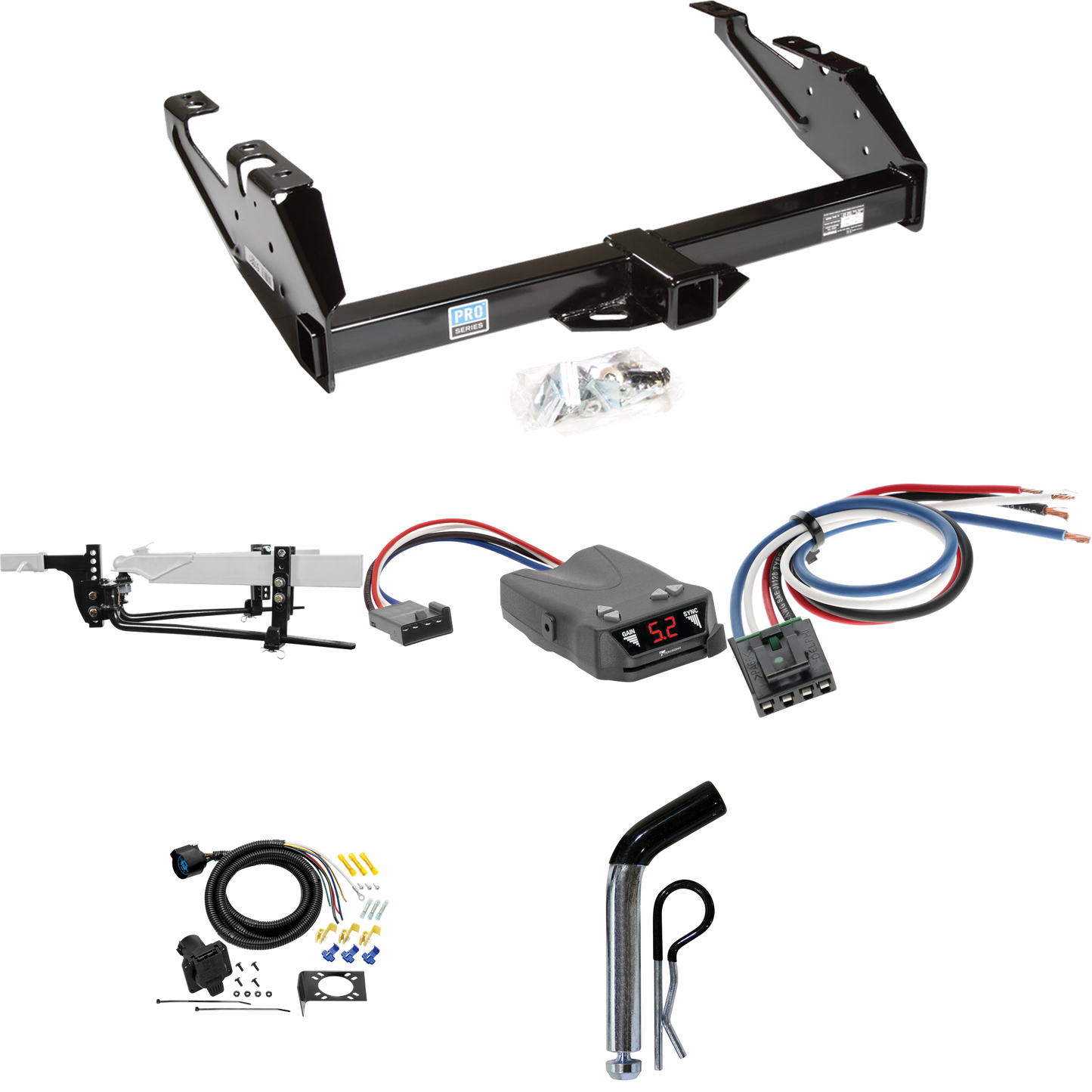 Fits 1988-2000 GMC C3500 Trailer Hitch Tow PKG w/ 8K Round Bar Weight Distribution Hitch w/ 2-5/16" Ball + Pin/Clip + Tekonsha Brakeman IV Brake Control + Generic BC Wiring Adapter + 7-Way RV Wiring By Reese Towpower