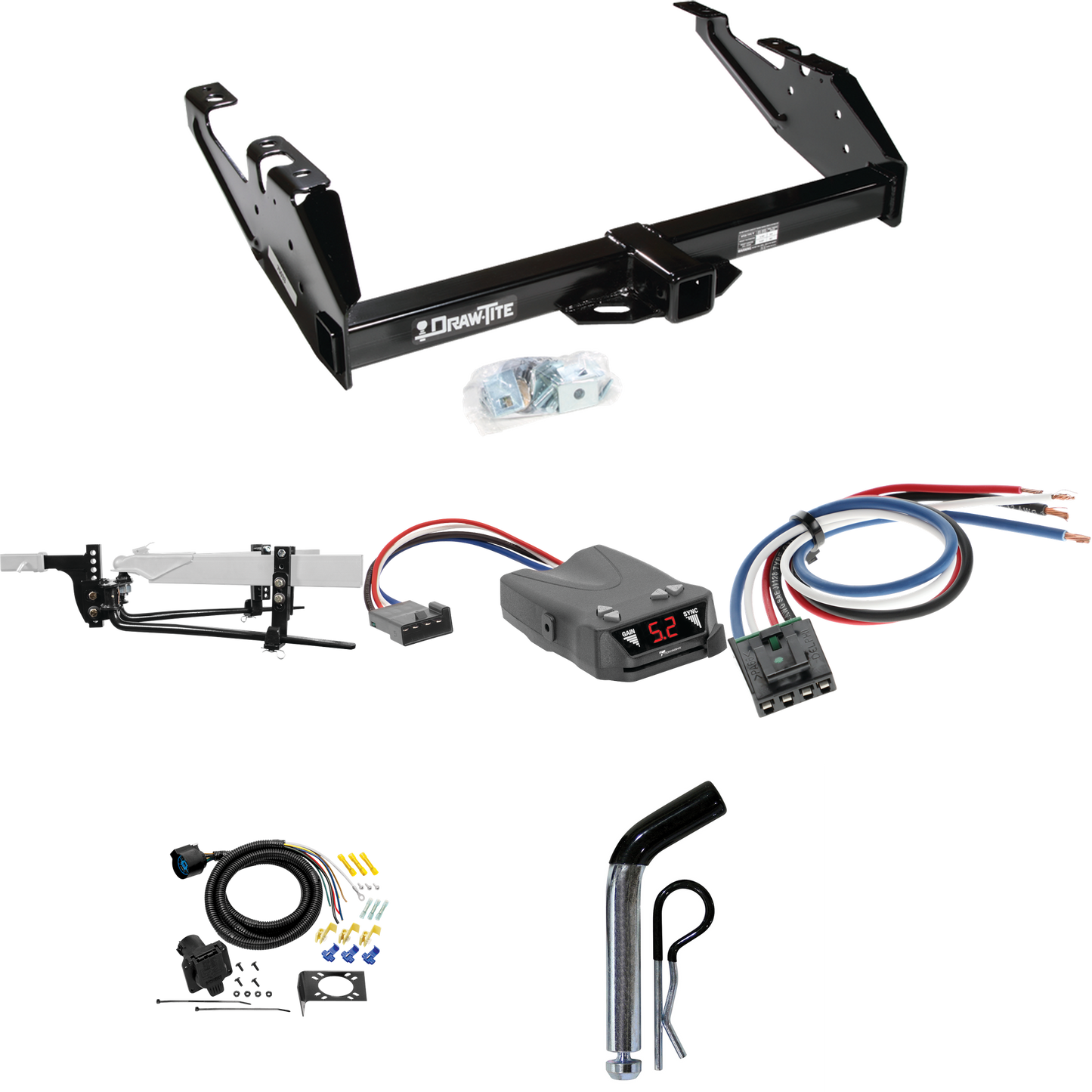 Fits 1988-2000 GMC C2500 Trailer Hitch Tow PKG w/ 8K Round Bar Weight Distribution Hitch w/ 2-5/16" Ball + Pin/Clip + Tekonsha Brakeman IV Brake Control + Generic BC Wiring Adapter + 7-Way RV Wiring By Draw-Tite