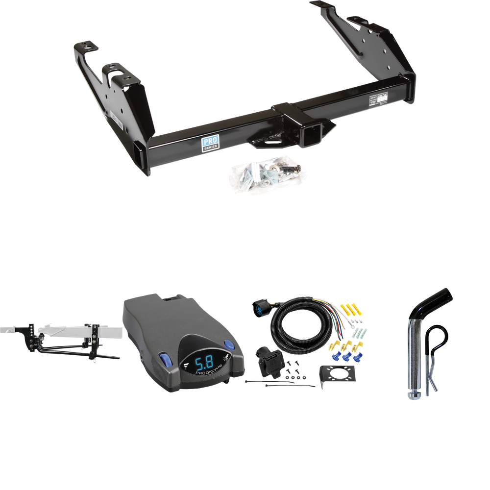 Fits 1992-2000 Chevrolet K3500 Trailer Hitch Tow PKG w/ 8K Round Bar Weight Distribution Hitch w/ 2-5/16" Ball + Pin/Clip + Tekonsha Prodigy P2 Brake Control + 7-Way RV Wiring (For Crew Cab Models) By Reese Towpower