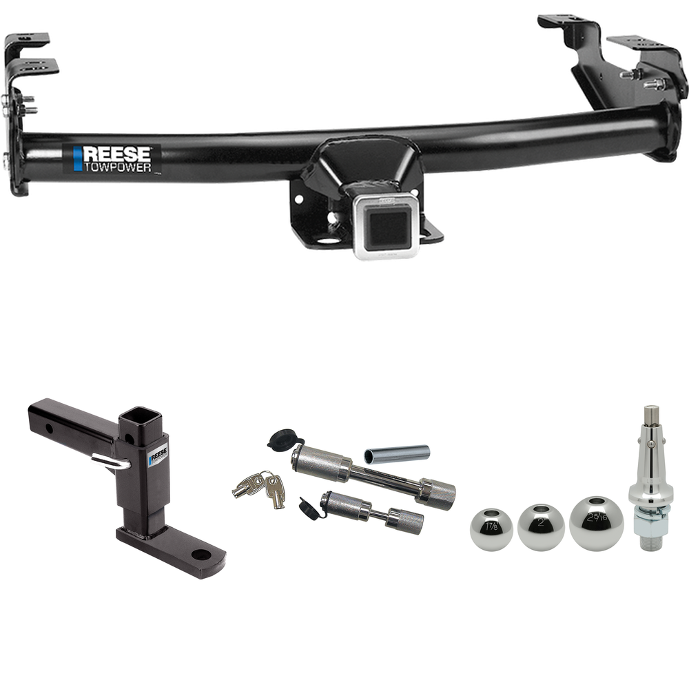 Fits 1977-1993 Dodge D150 Trailer Hitch Tow PKG w/ Adjustable Drop Rise Ball Mount + Dual Hitch & Copler Locks + Inerchangeable 1-7/8" & 2" & 2-5/16" Balls By Reese Towpower