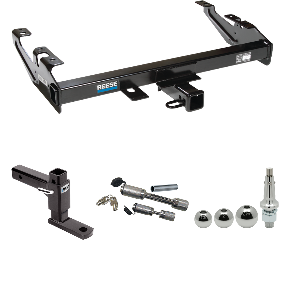 Fits 1988-1999 GMC C1500 Trailer Hitch Tow PKG w/ Adjustable Drop Rise Ball Mount + Dual Hitch & Copler Locks + Inerchangeable 1-7/8" & 2" & 2-5/16" Balls By Reese Towpower