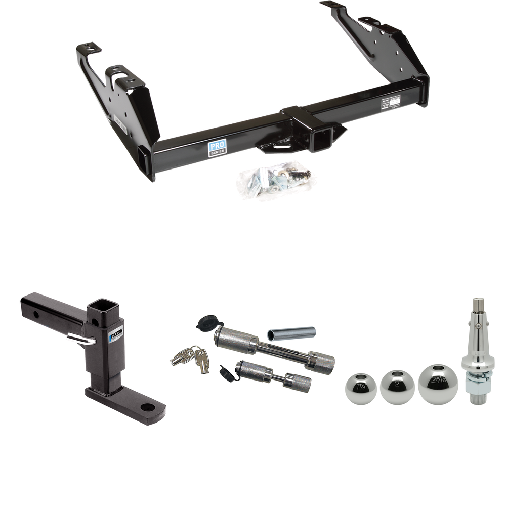 Fits 1988-2000 GMC K2500 Trailer Hitch Tow PKG w/ Adjustable Drop Rise Ball Mount + Dual Hitch & Copler Locks + Inerchangeable 1-7/8" & 2" & 2-5/16" Balls By Reese Towpower