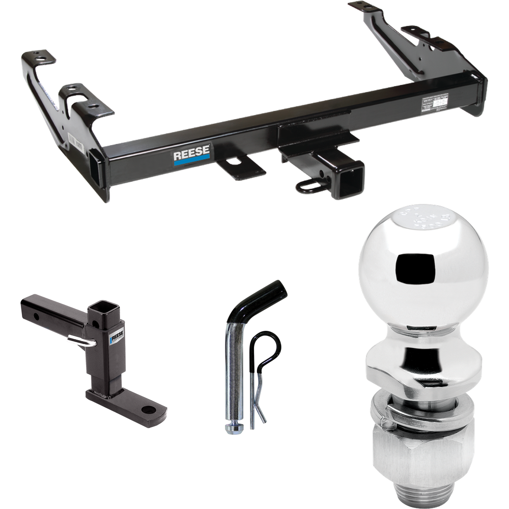 Fits 1988-2000 Chevrolet K3500 Trailer Hitch Tow PKG w/ Adjustable Drop Rise Ball Mount + Pin/Clip + 2" Ball (For Regular & Extended Cabs Models) By Reese Towpower