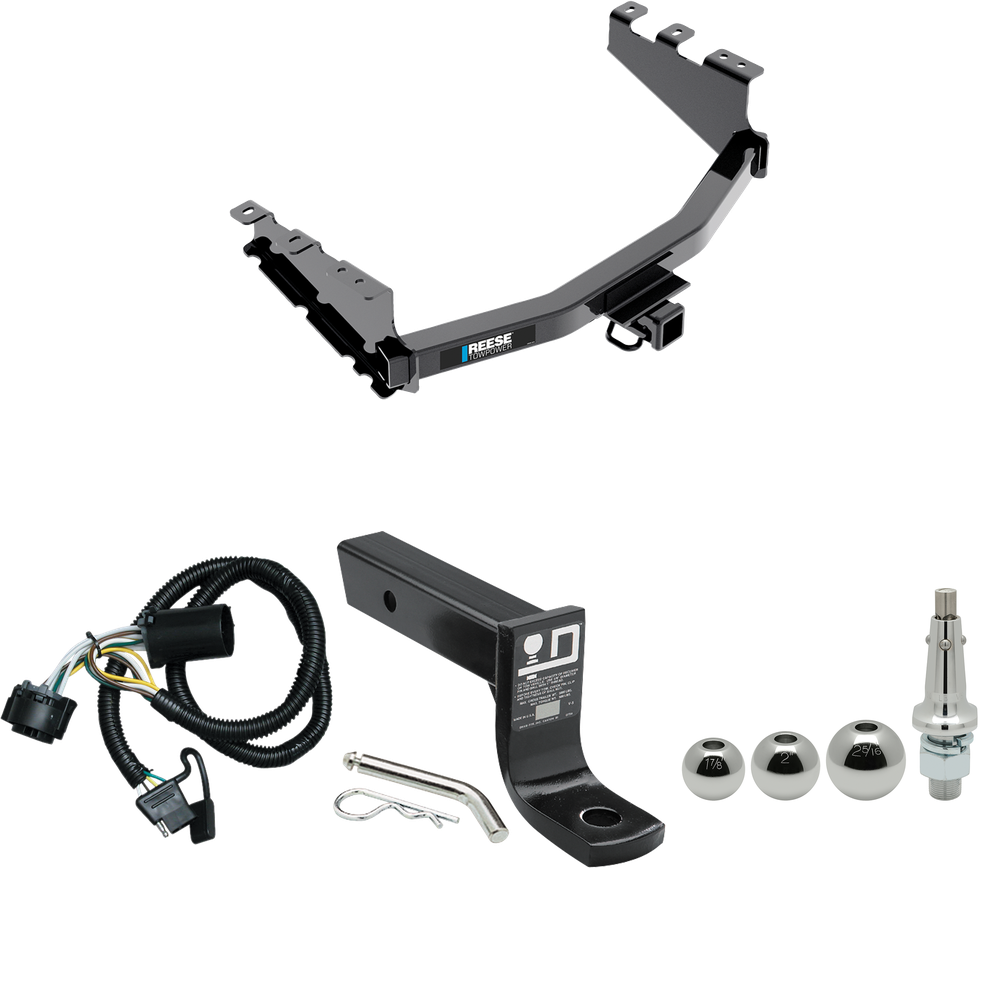 Se adapta al paquete de enganche de remolque GMC Sierra 1500 LD (cuerpo antiguo) 2019-2019 con 4 cables planos + soporte de bola con caída de 4" + bola intercambiable de 1-7/8" y 2" y 2-5/16" por Reese Towpower