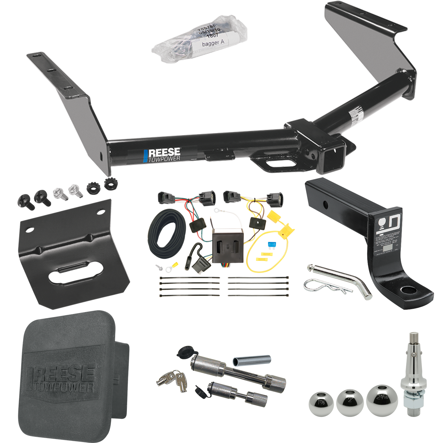 Fits 2008-2012 Jeep Liberty Trailer Hitch Tow PKG w/ 4-Flat Wiring + Ball Mount w/ 4" Drop + Interchangeable Ball 1-7/8" & 2" & 2-5/16" + Wiring Bracket + Dual Hitch & Coupler Locks + Hitch Cover By Reese Towpower