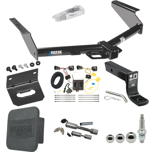 Fits 2008-2012 Jeep Liberty Trailer Hitch Tow PKG w/ 4-Flat Wiring + Ball Mount w/ 4" Drop + Interchangeable Ball 1-7/8" & 2" & 2-5/16" + Wiring Bracket + Dual Hitch & Coupler Locks + Hitch Cover By Reese Towpower