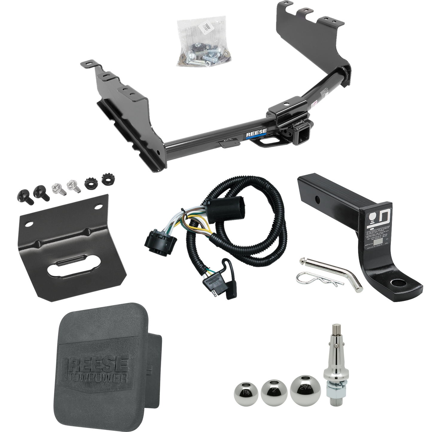 Fits 2019-2019 GMC Sierra 1500 LD (Old Body) Trailer Hitch Tow PKG w/ 4-Flat Wiring + Ball Mount w/ 4" Drop + Interchangeable Ball 1-7/8" & 2" & 2-5/16" + Wiring Bracket + Hitch Cover By Reese Towpower