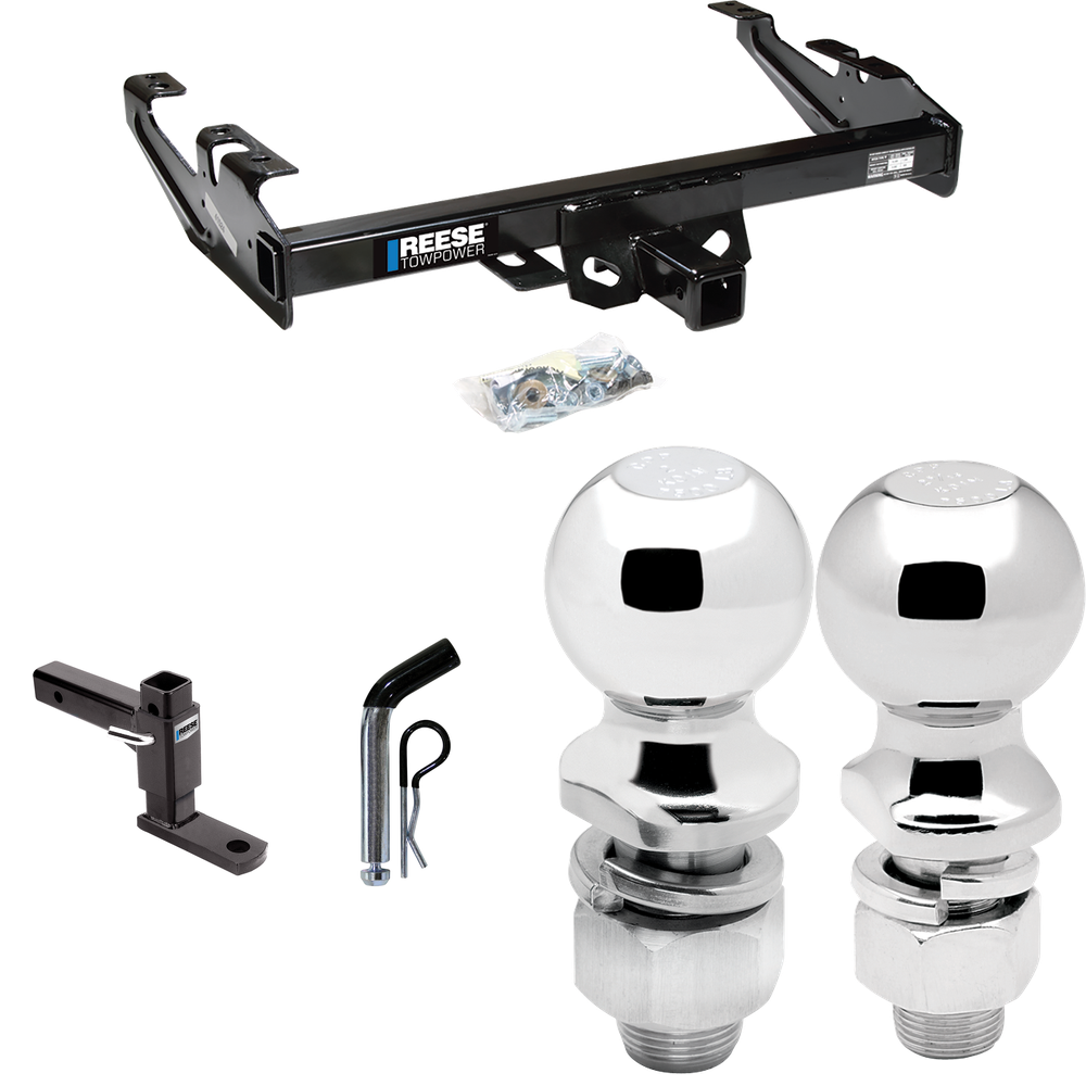 Fits 1988-2000 Chevrolet K3500 Trailer Hitch Tow PKG w/ Adjustable Drop Rise Ball Mount + Pin/Clip + 2" Ball + 2-5/16" Ball (For Regular & Extended Cabs Models) By Reese Towpower