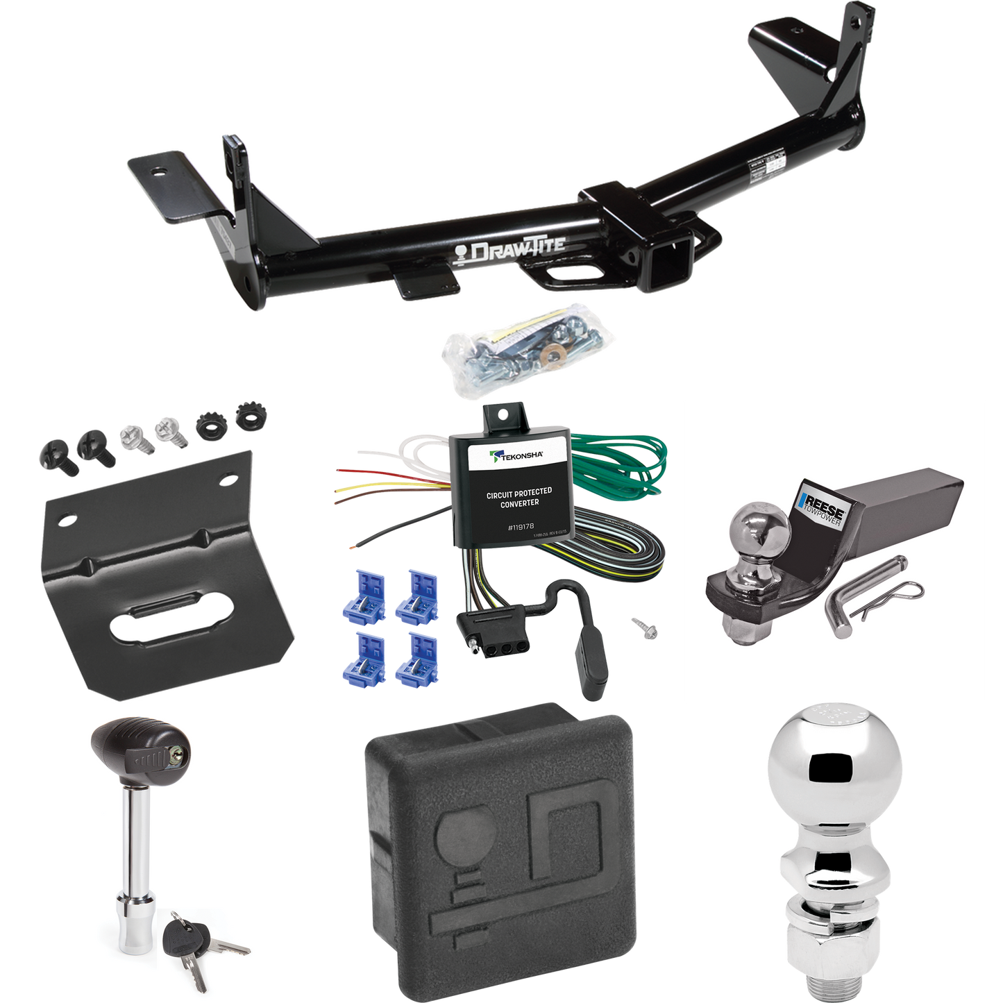 Fits 2008-2010 Mercury Mountaineer Trailer Hitch Tow PKG w/ 4-Flat Wiring + Starter Kit Ball Mount w/ 2" Drop & 2" Ball + 2-5/16" Ball + Wiring Bracket + Hitch Lock + Hitch Cover (For w/1-1/4" Receivers Models) By Draw-Tite