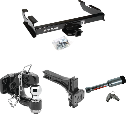 Fits 1988-2000 Chevrolet C3500 Trailer Hitch Tow PKG w/ Adjustable Pintle Hook Mounting Plate + Pintle Hook & 2" Ball Combination + Hitch Lock (For Regular & Extended Cabs Models) By Draw-Tite