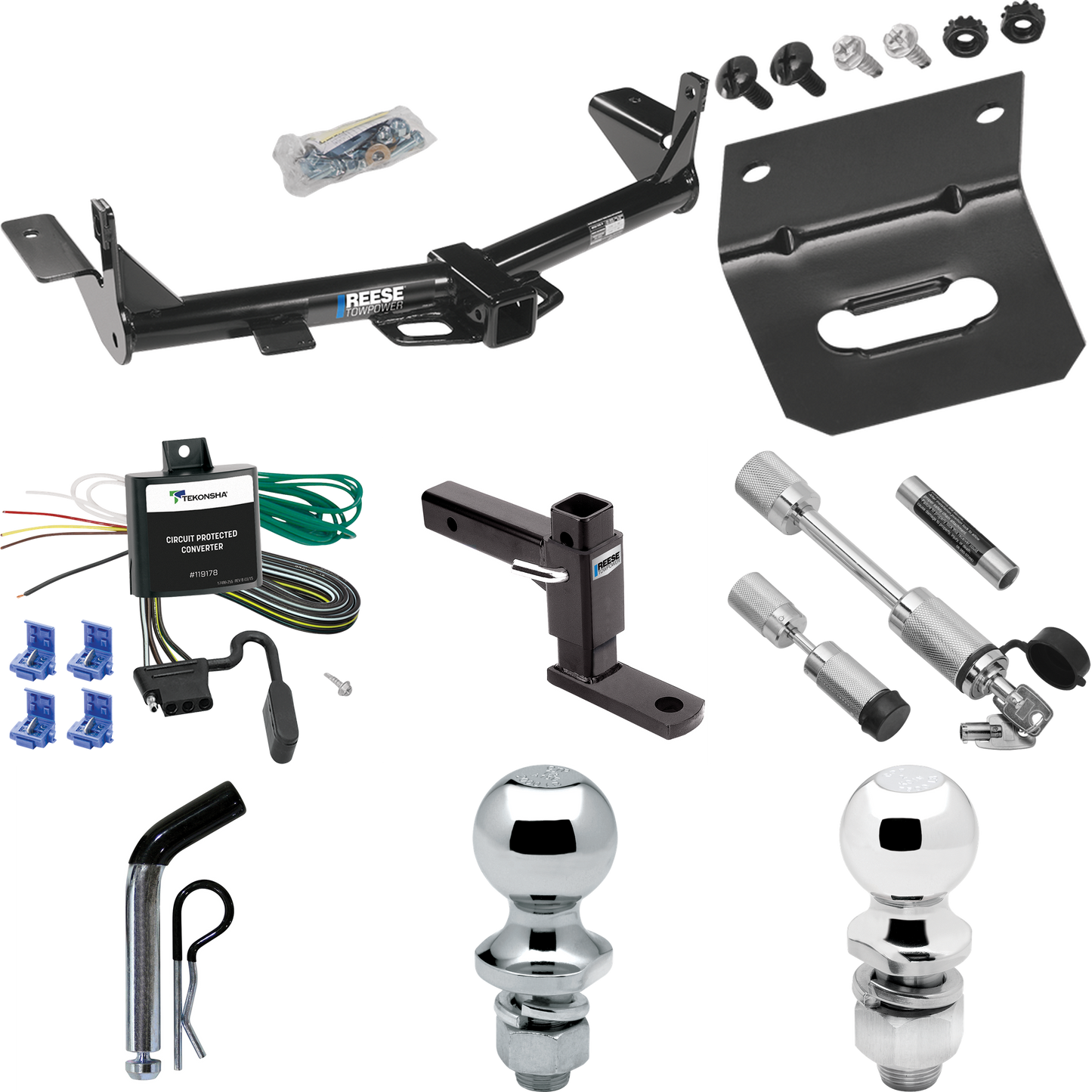 Fits 2006-2010 Ford Explorer Trailer Hitch Tow PKG w/ 4-Flat Wiring Harness + Adjustable Drop Rise Ball Mount + Pin/Clip + 2" Ball + 1-7/8" Ball + Dual Hitch & Coupler Locks (For w/1-1/4" Receivers Models) By Reese Towpower