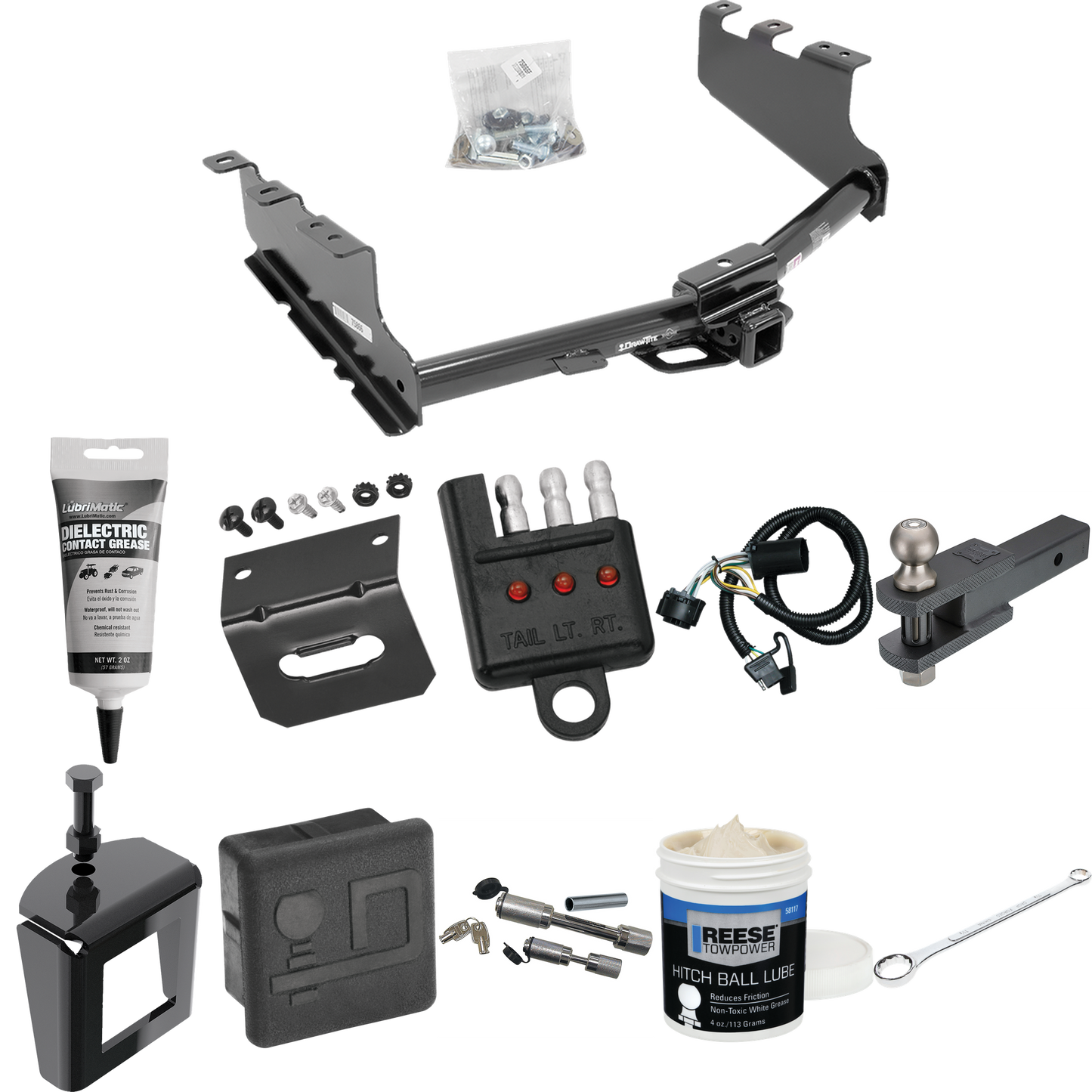 Fits 2014-2018 GMC Sierra 1500 Trailer Hitch Tow PKG w/ 4-Flat Wiring + Clevis Hitch Ball Mount w/ 2" Ball + Wiring Bracket + Hitch Cover + Dual Hitch & Coupler Locks + Wiring Tester + Ball Lube + Electric Grease + Ball Wrench + Anti Rattle Device By