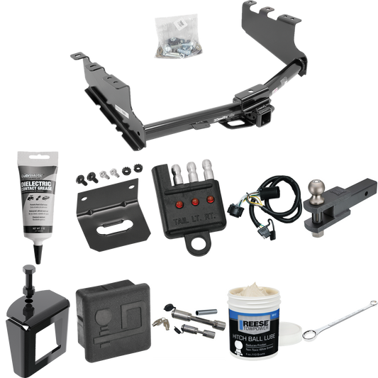 Fits 2014-2018 GMC Sierra 1500 Trailer Hitch Tow PKG w/ 4-Flat Wiring + Clevis Hitch Ball Mount w/ 2" Ball + Wiring Bracket + Hitch Cover + Dual Hitch & Coupler Locks + Wiring Tester + Ball Lube + Electric Grease + Ball Wrench + Anti Rattle Device By