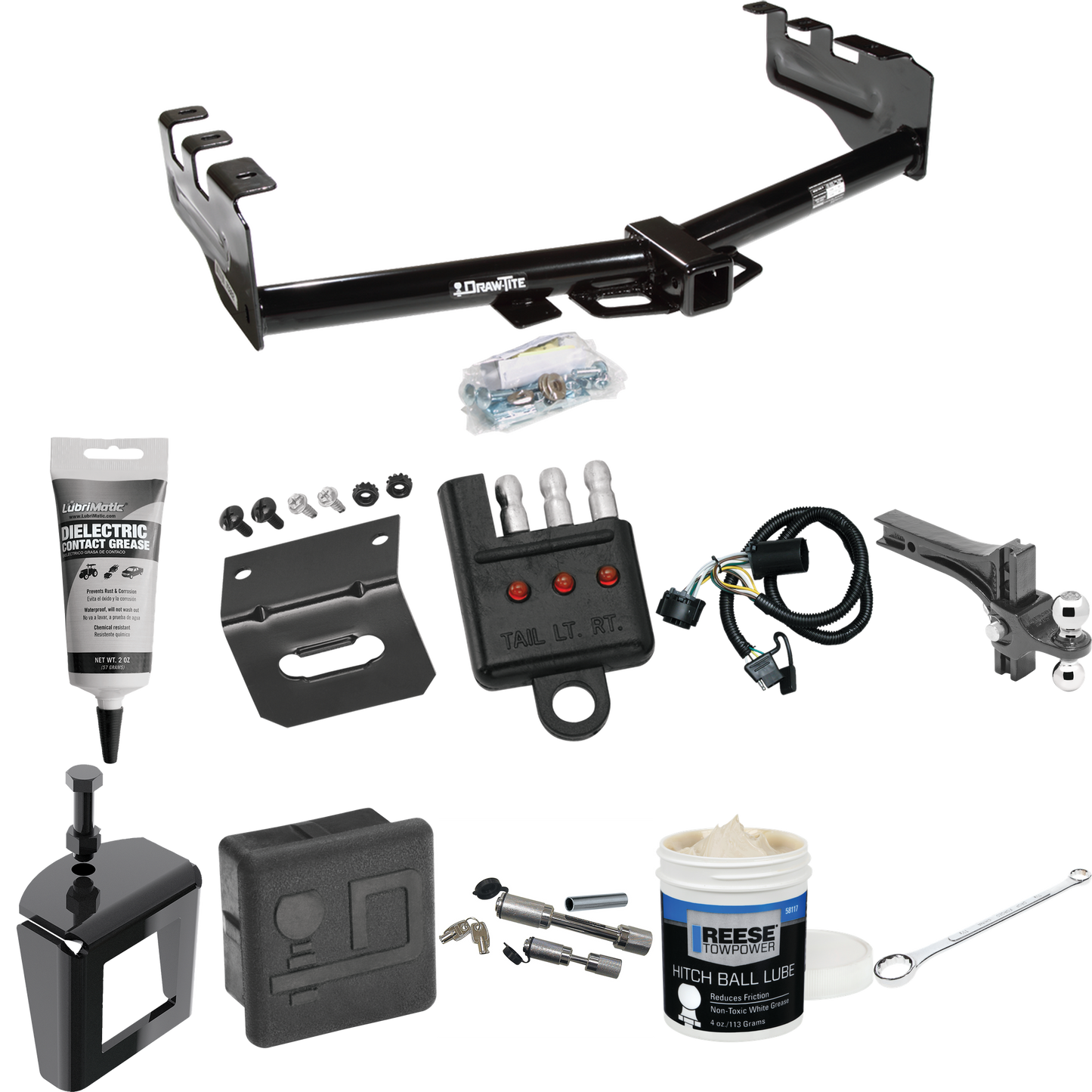 Fits 2007-2013 GMC Sierra 1500 Trailer Hitch Tow PKG w/ 4-Flat Wiring + Dual Adjustable Drop Rise Ball Ball Mount 2" & 2-5/16" Trailer Balls + Wiring Bracket + Hitch Cover + Dual Hitch & Coupler Locks + Wiring Tester + Ball Lube + Electric Grease + B