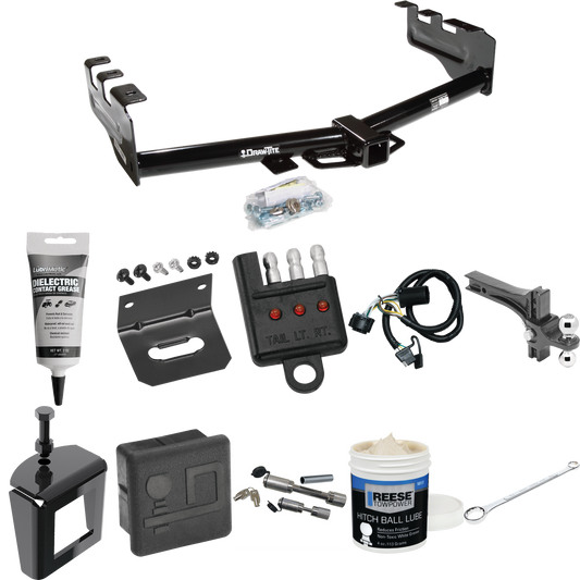 Fits 2007-2013 GMC Sierra 1500 Trailer Hitch Tow PKG w/ 4-Flat Wiring + Dual Adjustable Drop Rise Ball Ball Mount 2" & 2-5/16" Trailer Balls + Wiring Bracket + Hitch Cover + Dual Hitch & Coupler Locks + Wiring Tester + Ball Lube + Electric Grease + B