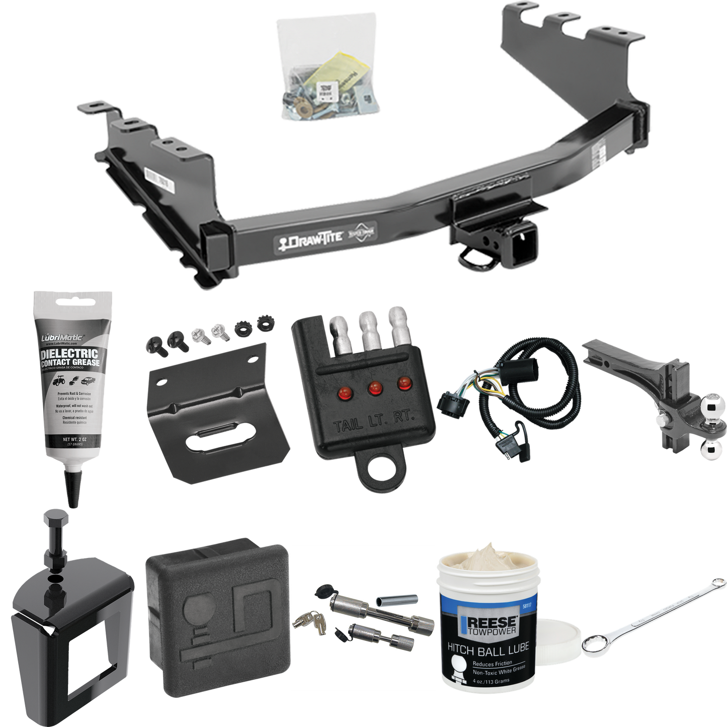 Fits 2019-2019 GMC Sierra 1500 LD (Old Body) Trailer Hitch Tow PKG w/ 4-Flat Wiring + Dual Adjustable Drop Rise Ball Ball Mount 2" & 2-5/16" Trailer Balls + Wiring Bracket + Hitch Cover + Dual Hitch & Coupler Locks + Wiring Tester + Ball Lube + Elect